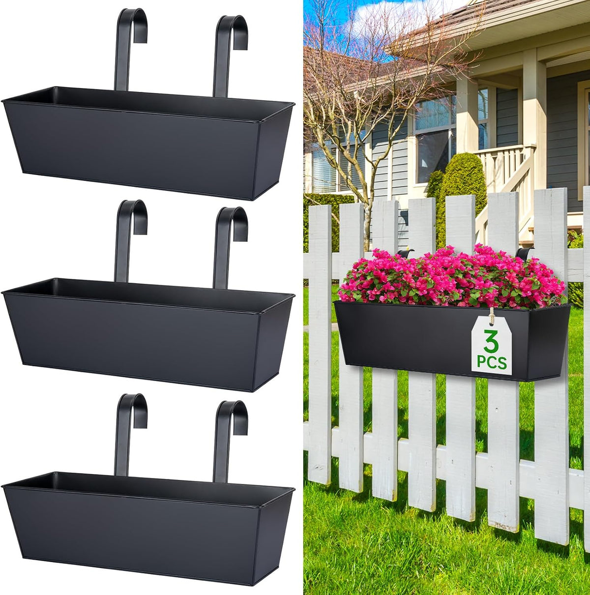 16“ Large Hanging Planters for Outdoor Plants, Railing Planter Box, 3 Pack