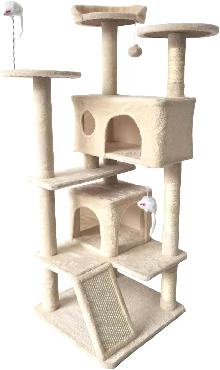Cat Tree Tower for Indoor Cats,Cat House with Sisal Scratching Post,Multi-Level Cat Condo and 3 Large Platforms (Beige)