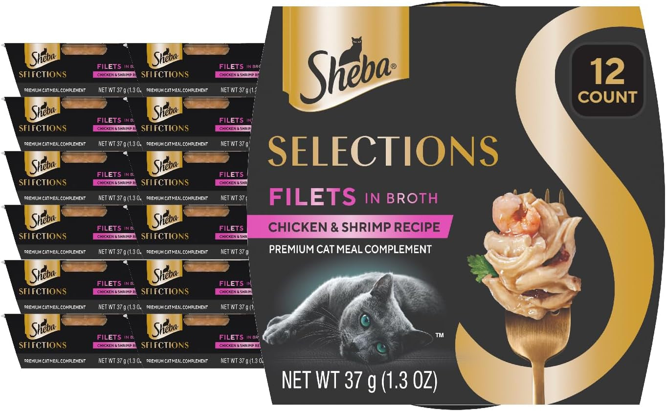 Sheba Selections Filets in Broth, Adult Cat Food Wet Recipe, Meal Complement, Wet Cat Food Variety Pack, Chicken & Shrimp Recipe, 1.3 Oz. Cups, 12 Count