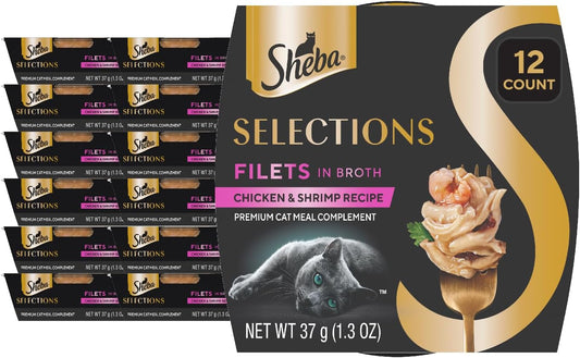 Sheba Selections Filets in Broth, Adult Cat Food Wet Recipe, Meal Complement, Wet Cat Food Variety Pack, Chicken & Shrimp Recipe, 1.3 Oz. Cups, 12 Count