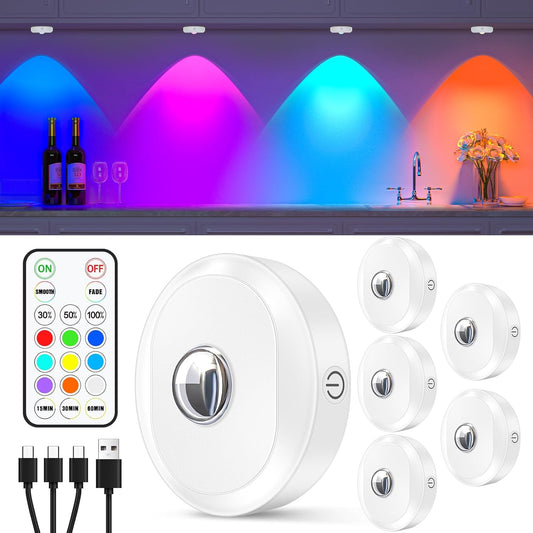 WILLED RGB Rechargeable Puck Lights with Remote Control, under Cabinet Lighting Wireless, Dimmable Push Lights, Multicolor and Timing Function, LED Puck Lights for Kitchen, Cabinet and Shelf(6 Pack)