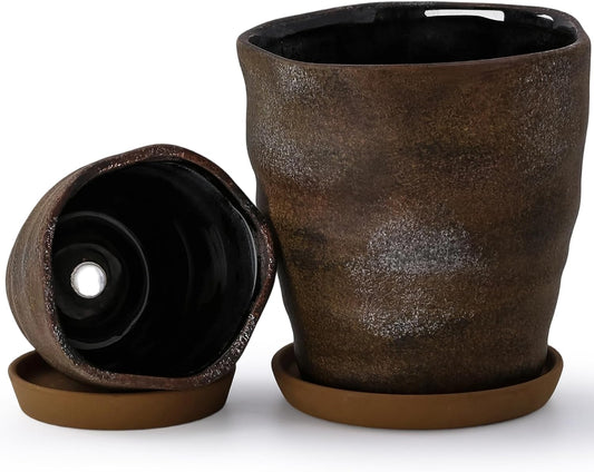 4+6 Inch Ceramic Planter Set of 2 with Drainage Hole and Saucer for Plants, Indoor-Outdoor Large Irregular Succulent Orchid Flower Pot- Cement Paint, Inner-Pots Not Larger than 5 Inch
