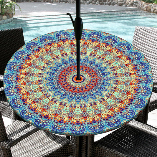 Round Outdoor Tablecloth with Umbrella Hole Waterproof Patio Table Covers Fitted Tablecloth with Elastic Zippered Outdoor Table Cloth for Picnic, Camping, Garden (Blue, 48" (Round))