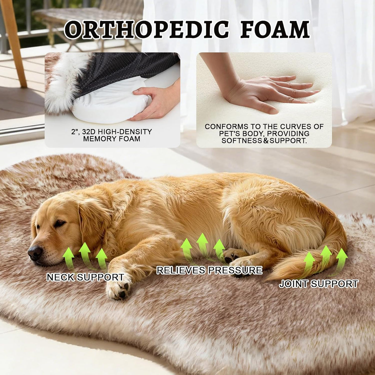 Dog Bed Rug for Large Dogs, Faux Fur Orthopedic Thick Foam 50"X30"X3"
