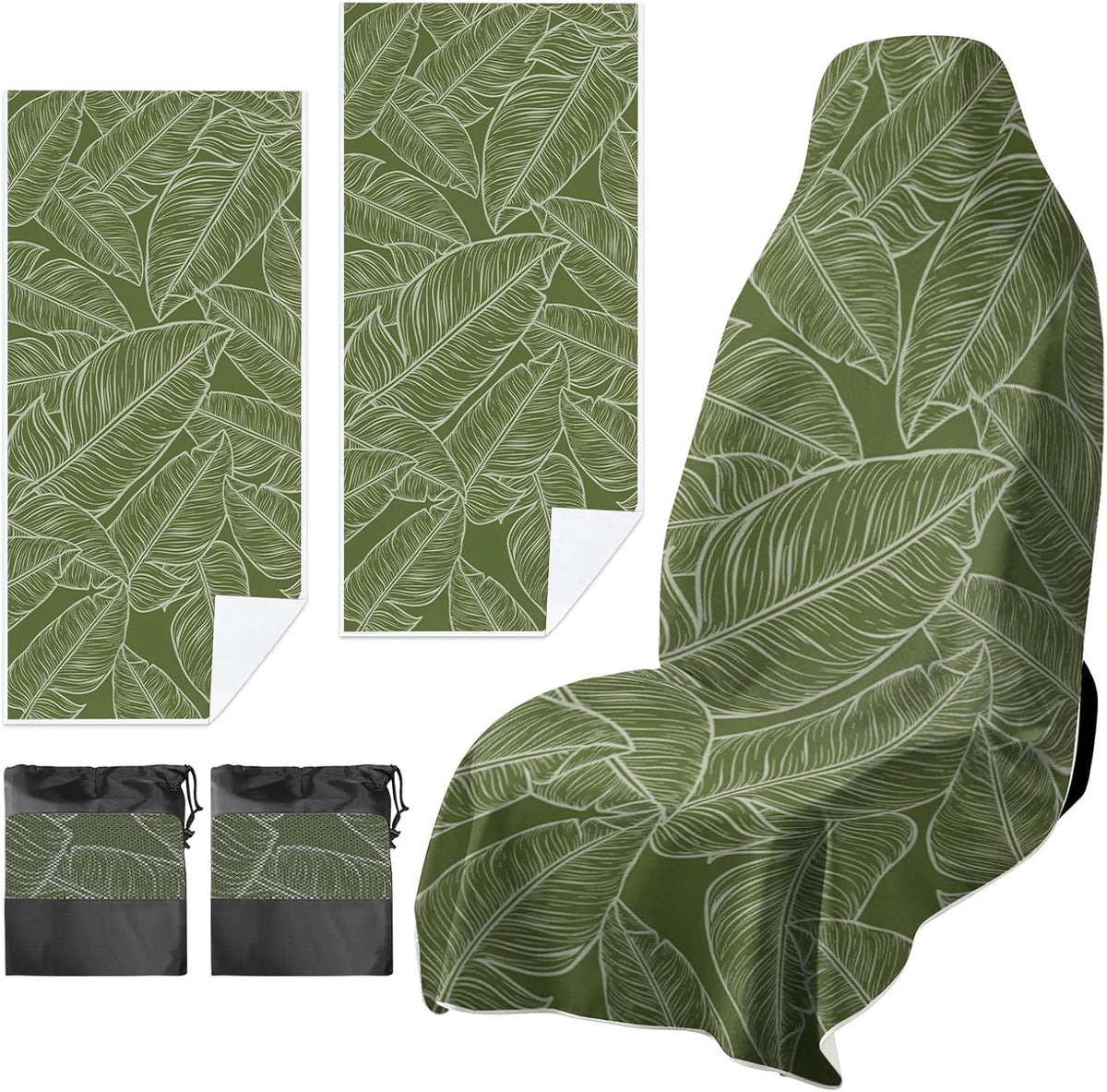 2 Pack Car Towels Seat Cover with Storage Bag, Multifunctional Microfiber Towel for Gym Outdoor Sport Running,Picnic, Beach, Pet Dog Travel,Fits Car SUV Truck (Tropic Leaves)