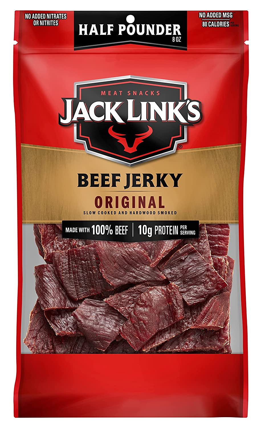 Jack Link'S Beef Jerky Half Pounder - Original - Made with 100% Real Beef - Ready to Eat Real Meat Protein Snacks - 10G Protein per Serving - 8 Oz Large Jerky Bag