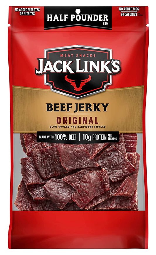 Jack Link'S Beef Jerky Half Pounder - Original - Made with 100% Real Beef - Ready to Eat Real Meat Protein Snacks - 10G Protein per Serving - 8 Oz Large Jerky Bag