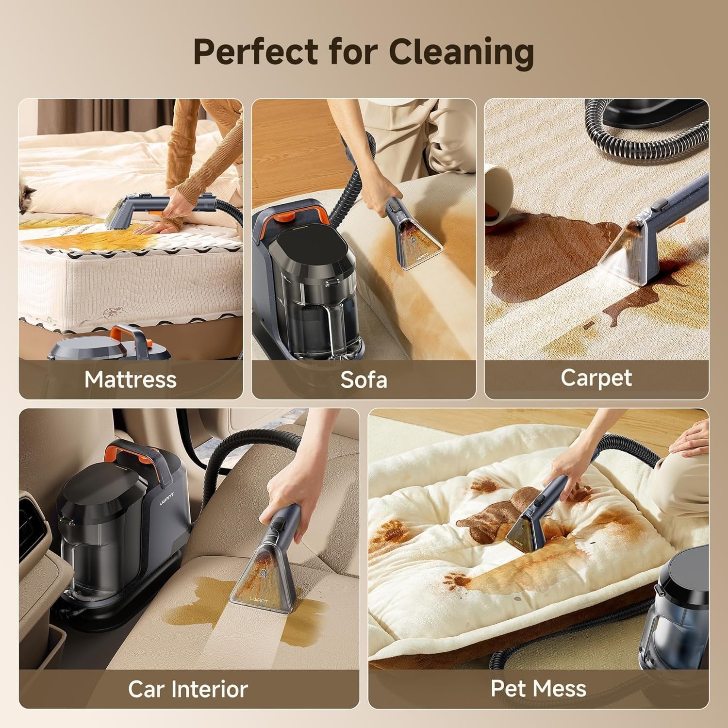 Uwant Carpet Cleaner Machine 18Kpa Portable Carpet Cleaner for Cars Couch, 2In1 Water Tank Upholstery Cleaner, Spot Cleaner with Cleaning Tools, 2.4 Liter Set of 1