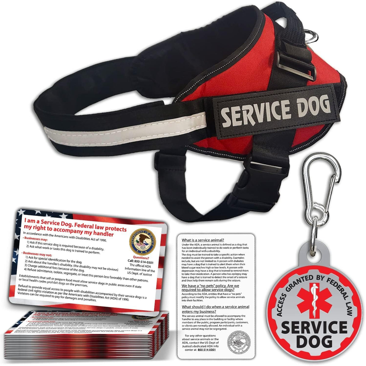 Service Dog Vest, ID Tag 50 ADA Information Cards - Harness with Patchs - M