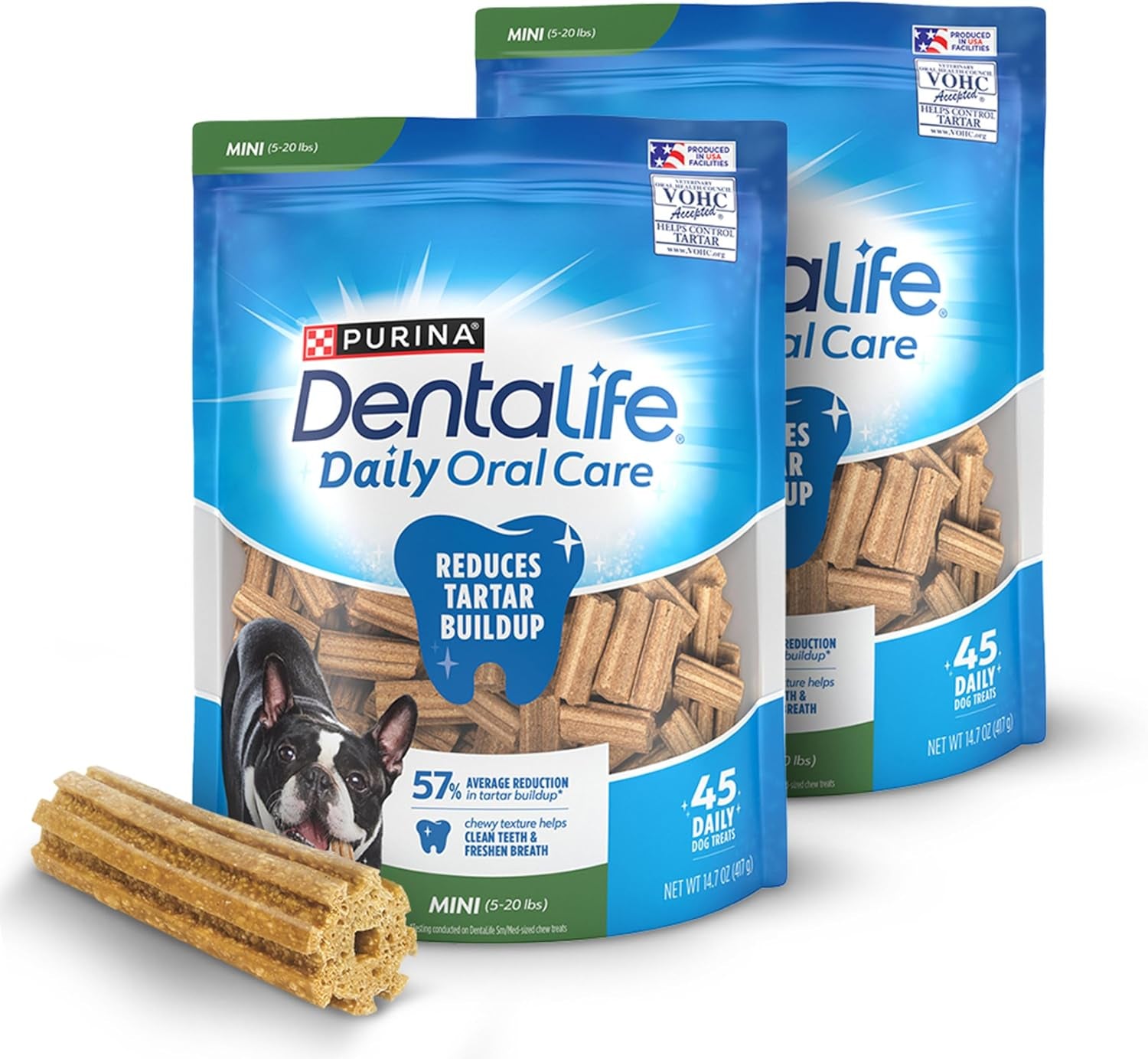 Dentalife Daily Oral Care Dog Treats for Small Dogs 5-20 Lbs., Chewy Dental Treat to Freshen Breath and Fight Tartar, Chicken Flavor, 14.7 Oz. Each, 45 Chews Each/90 Total Chews - 45 Ct. Pouch