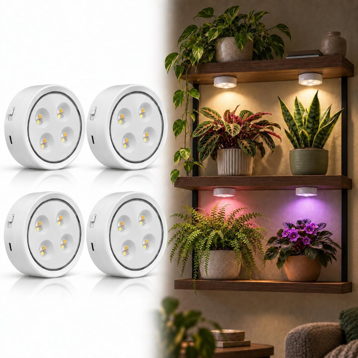 4 Pack Rechargeable Grow Puck Lights for Indoor Plants