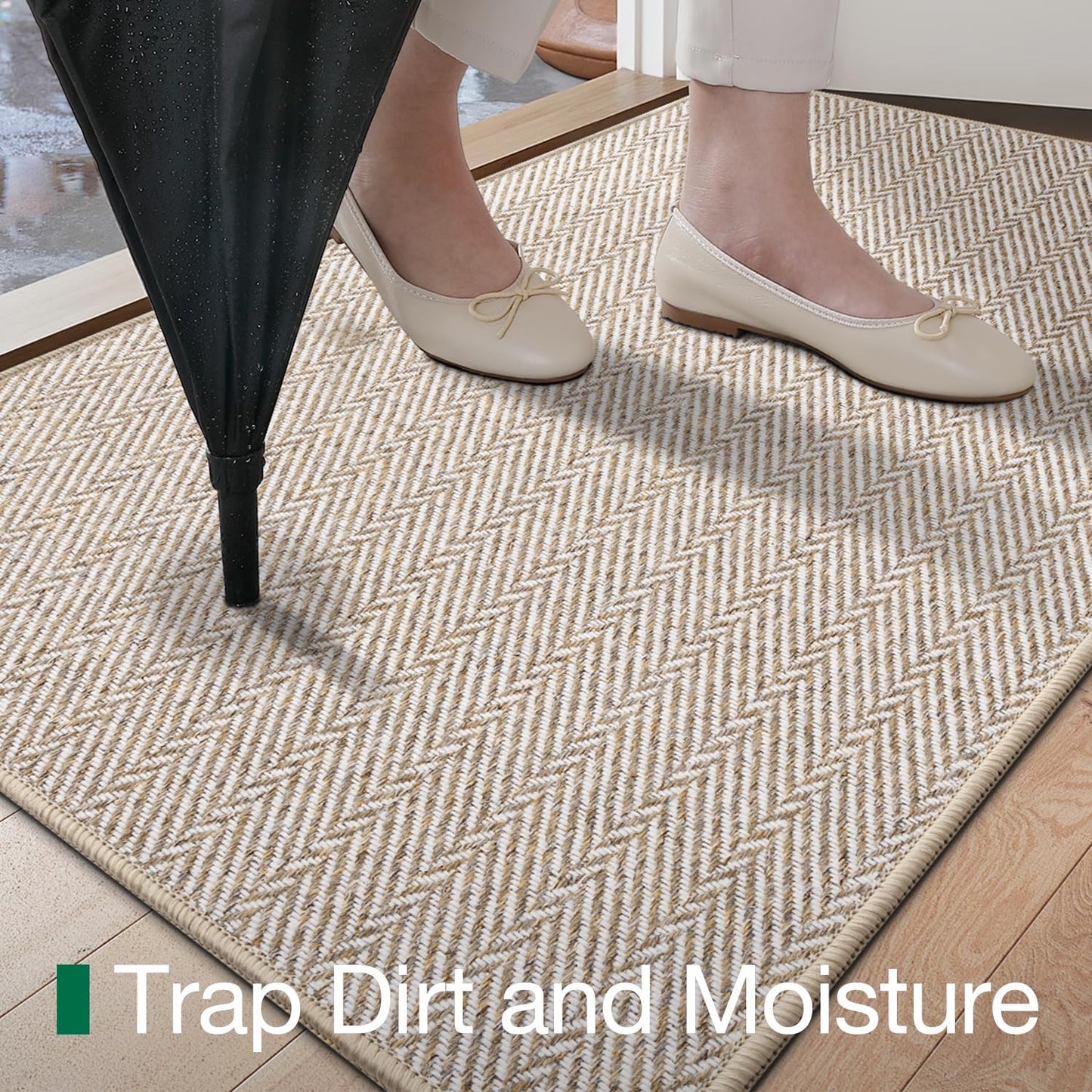 LUMI Ultra Thin Indoor Door Mat 24"X36", Entrance Doormat, Beige | 0.14" Ultra Thin, Dirt-Trapping & Absorbent Quick-Dry Surface, Waterproof Non-Slip Rubber Backing, Elegant Herringbone Design