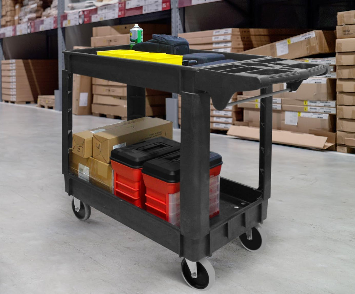 Maxworks Heavy Duty 2‑Shelf Service Cart 500 Lb Capacity Polypropylene Utility Cart with 5" Non‑Marring Casters Deep Trays and Built‑In Tool Storage for Garage Warehouse Workshop (80855)