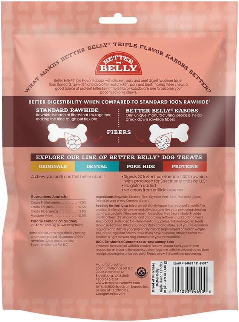 Better Belly Triple Flavor Kabobs, 10 Kabobs, Long-Lasting Dog Chews with Chicken, Pork and Beef