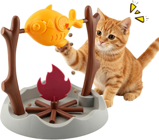 Interactive Cat Treat Dispenser Toy, Campfire Fish Foraging Slow Feeder