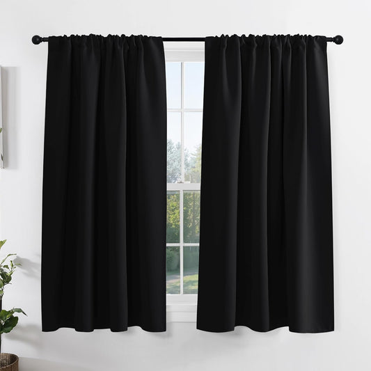 PONY DANCE Blackout Window Curtains for Bedroom - Thermal Insulated Curtain Drapes for Winter, Short Rod Pocket Blinds for Kitchen/Living Room, W 42 X L 54 Inches, Black, One Pair