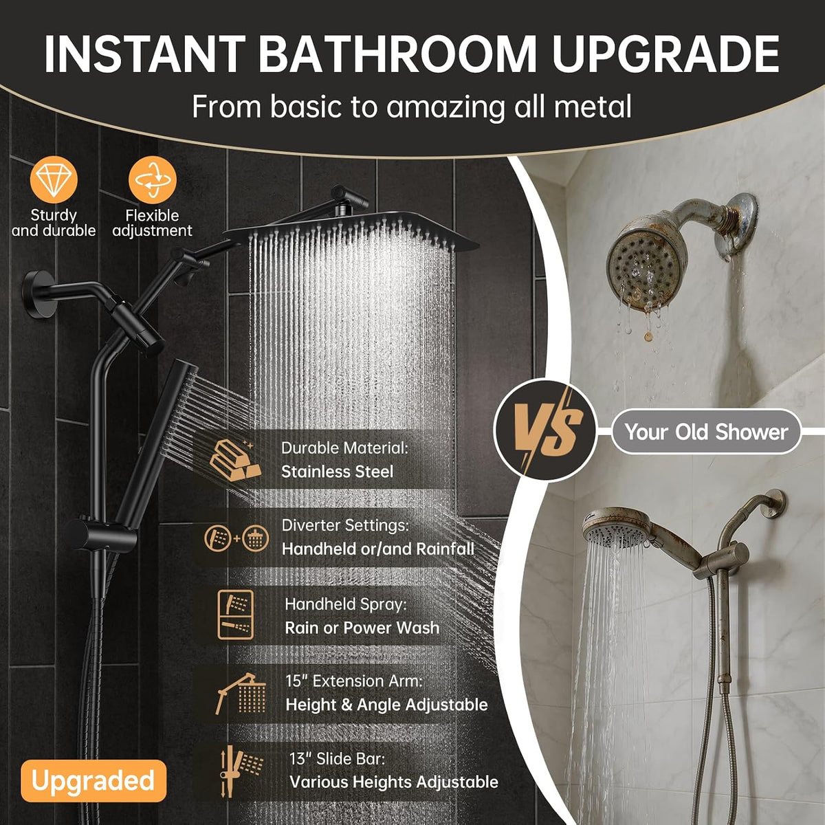 Veken All Metal 10" Luxurious Rain Shower Head with Handheld Spray,Square
