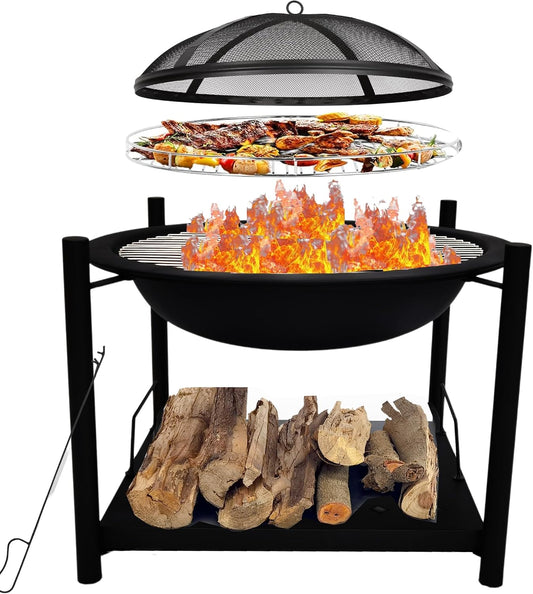 Serenelife Outdoor Wood Fire Pit - 26" Steel BBQ Grill with Mesh Spark Screen, Log Grate, Fire Poker & Cover for Camping, Picnic, Bonfire - Durable, Easy to Assemble, 2 in 1