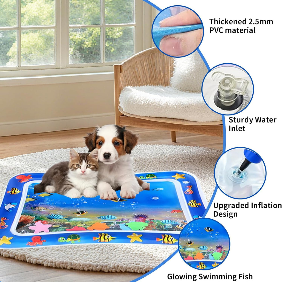 2 PCS Large Thickened Cat Water Sensory Play Mat, Anti-Scratch Leak Proof Cooling Pad with Floating Fish Toy, Cat Water Mat Interactive Hunting Exercise for Indoor Cats, Summer Pet Play Mat