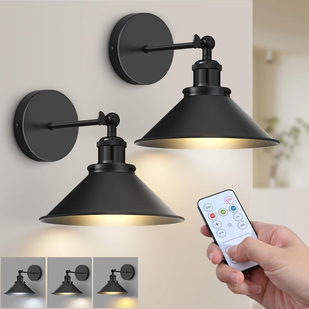 Battery Operated Wall Sconce Set of 2,Vintage Wireless Wall Sconces with Remote,Dimmable Led Wall Lights,Wall Lamp Fixture Indoor Bedroom Living Room Kitchen,Led Bulbs Included,Black