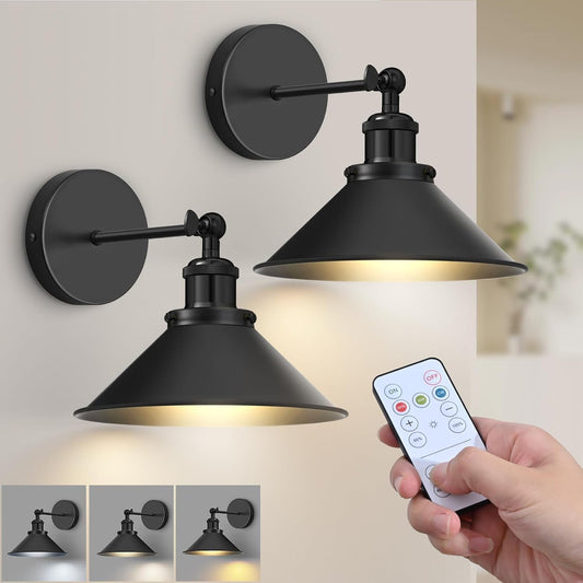 Battery Operated Wall Sconce Set of 2,Vintage Wireless Wall Sconces with Remote,Dimmable Led Wall Lights,Wall Lamp Fixture Indoor Bedroom Living Room Kitchen,Led Bulbs Included,Black