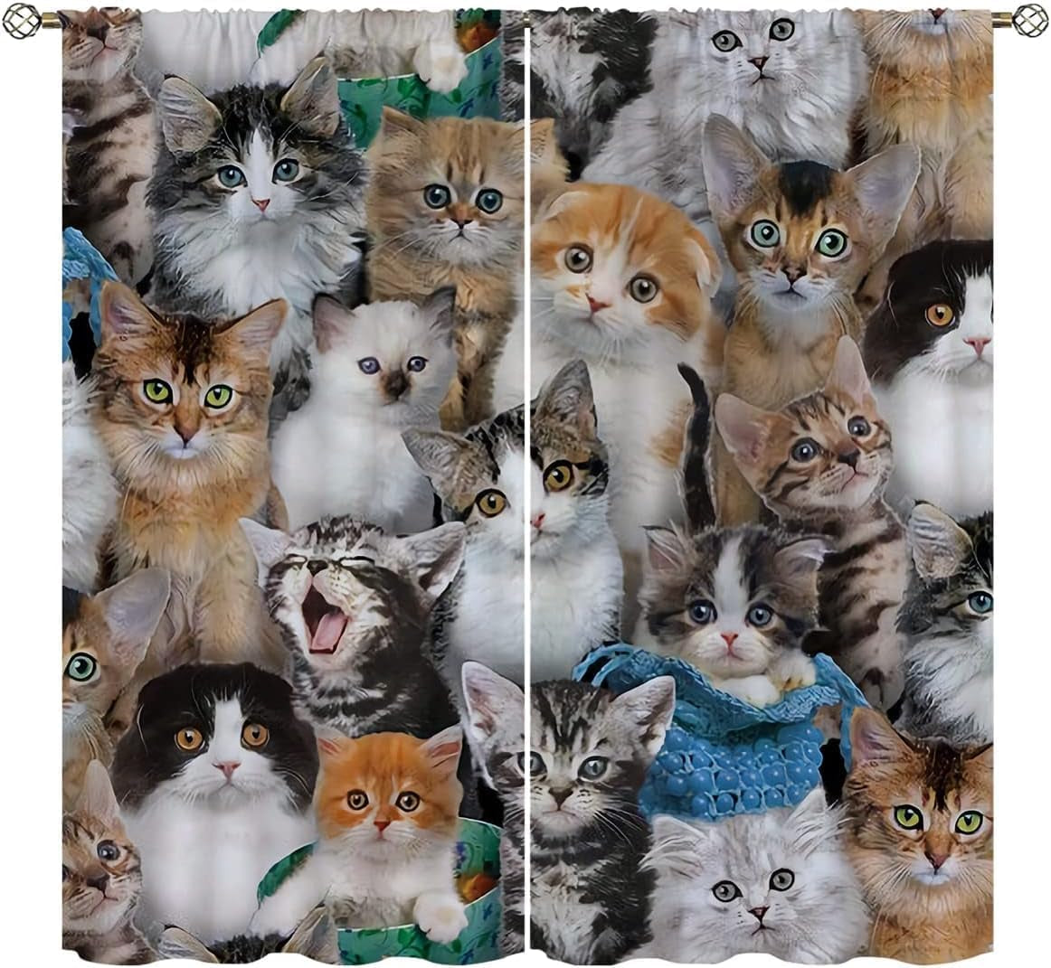 Cat Blackout Curtains Home Decor,Cute White Cat Black Kitten Funny Kitty Rod Pocket Thermal Insulated Drapes Darkening Window Curtain for Girls Boy Bedroom Living Room 42 X 63 Inch