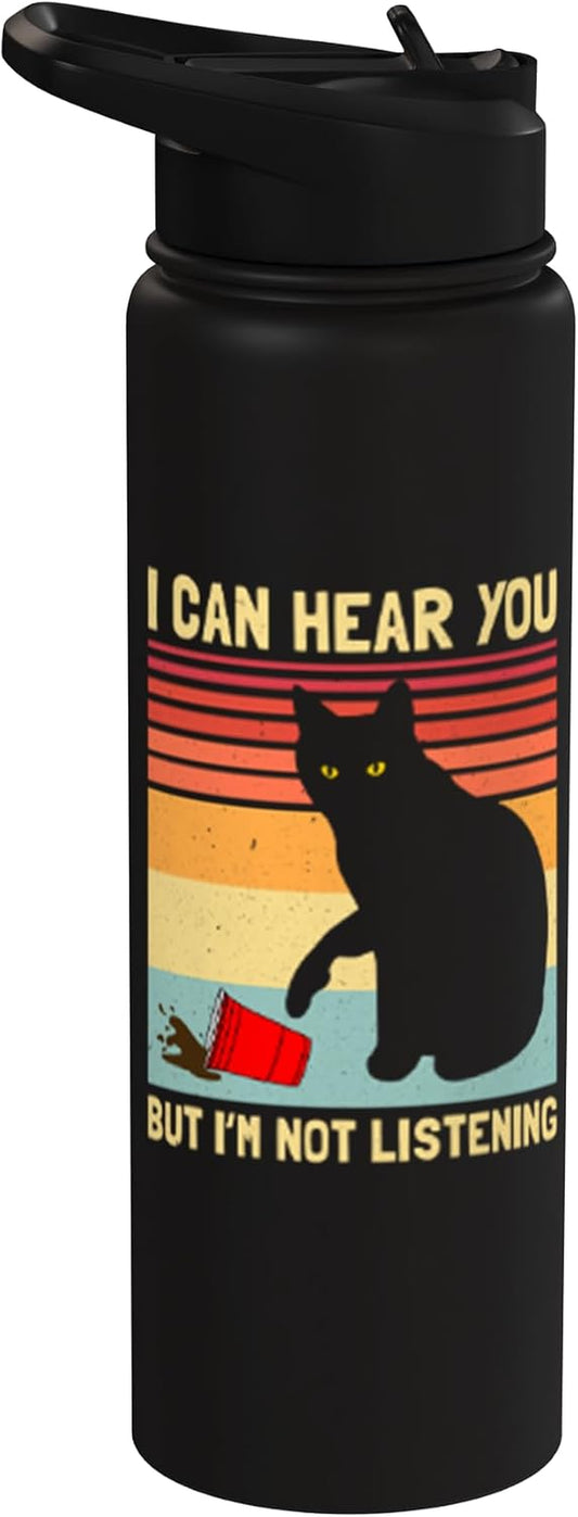 "I'M Not Listening" Vintage Funny Black Cat Coffee Lover Stainless Steel Insulated Water Bottle