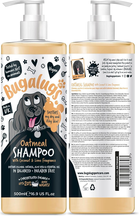 BUGALUGS Oatmeal & Aloe Vera Dog Shampoo Dog Grooming Shampoo Products for Smelly Dogs with Fragrance, Oatmeal Puppy Shampoo, Professional Vegan Pet Shampoo & Conditioner