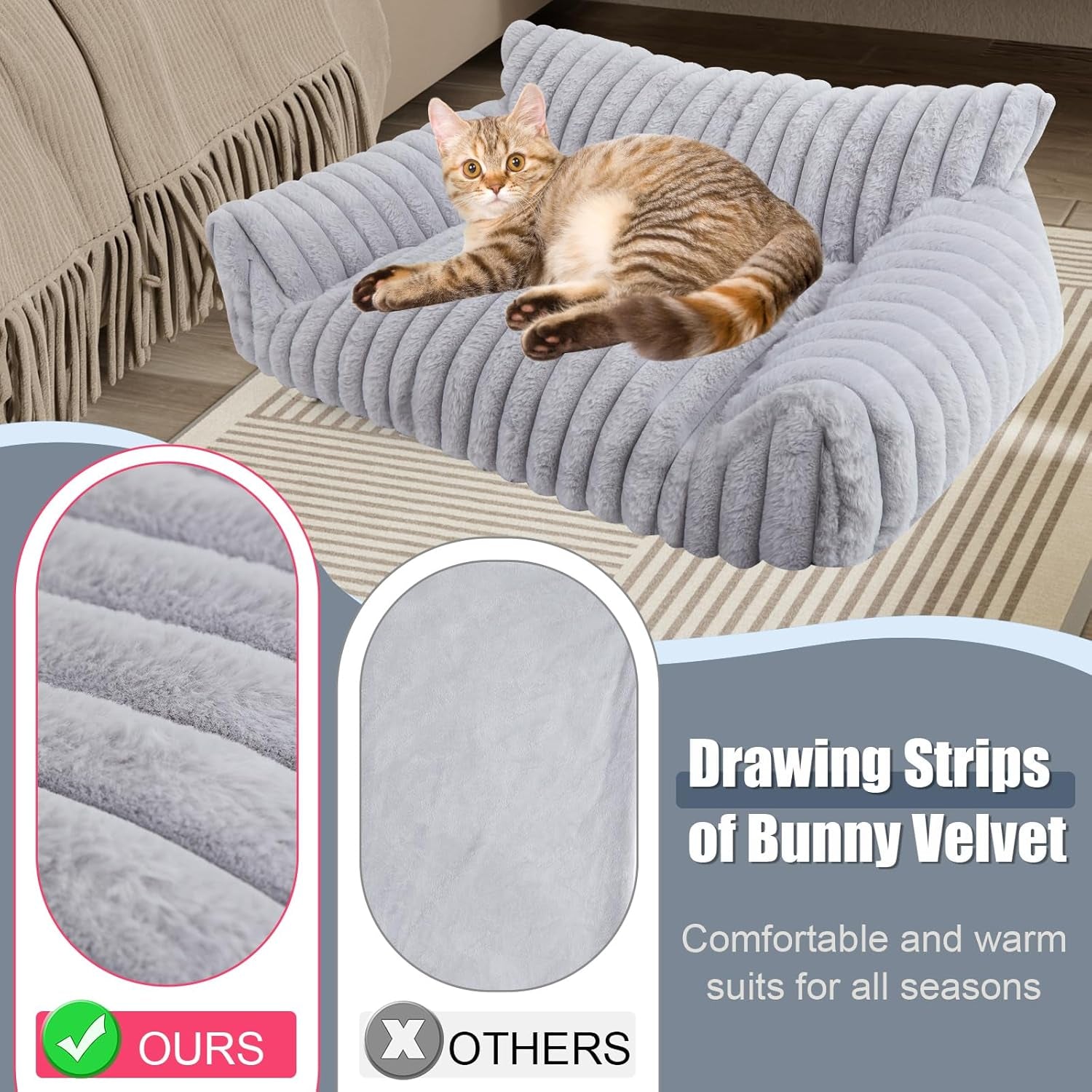 Cute Cat Couch Bed for Indoor Cats, Fluffy Pet Cat Sofa with Premium Soft Corduroy Fleece, Cute Small Dog Beds for Small Dogs, Fuzzy Puppy Chair with Removable Washable Cover (24X18X10,Grey)
