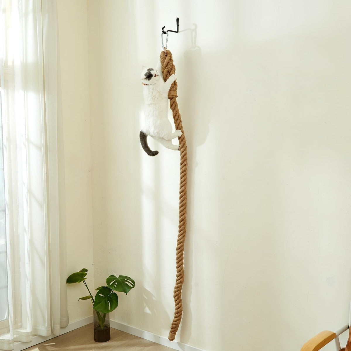 SHENGOCASE 1.9" X 6.56Ft Cat Climbing Jute Rope with Hook, Wall Mounted Furniture for Indoor and Outdoor Cat, Cimbing Pole (6.56 Feet)