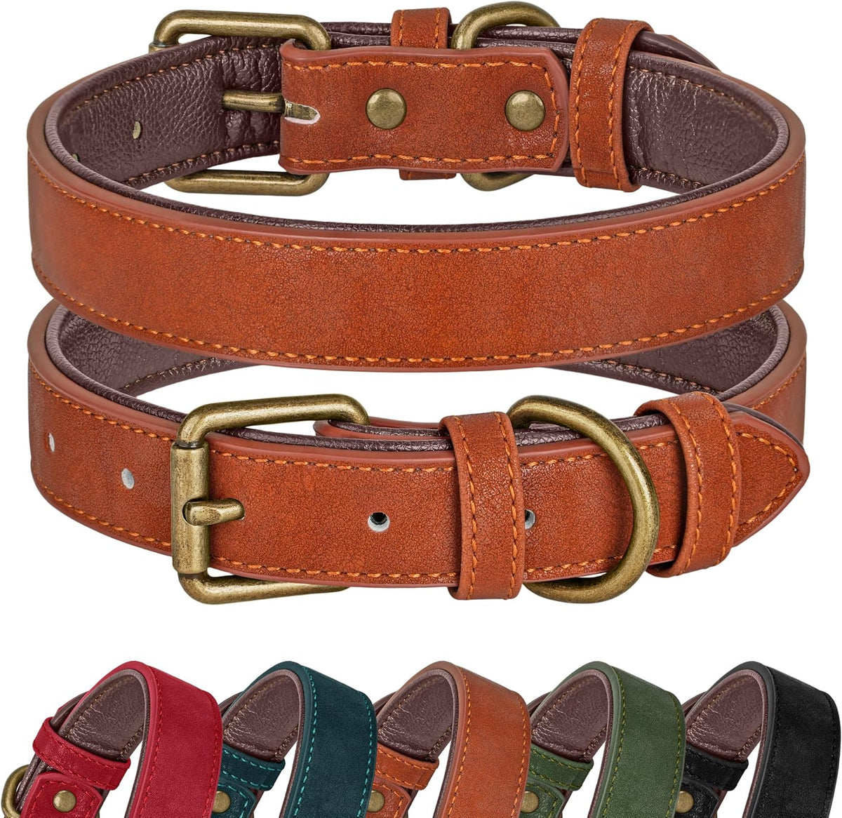 Didog PU Leather Dog Collar for Large Dogs, Soft Padded, Brown, L