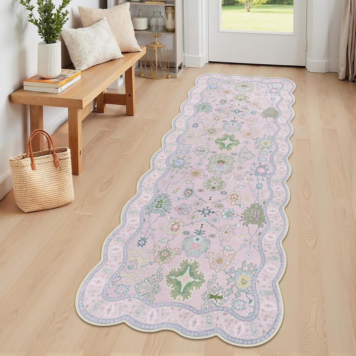 Scalloped Oushak Pink 2X6 Runner Rug, Machine Washable Non Slip Vintage Hallway Runner Rug, Soft Low Pile Stain Resistant Carpet for Bedroom Kitchen Bathroom