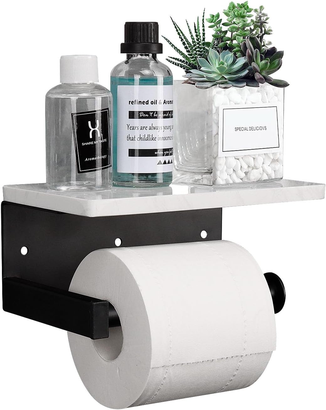 Nearmoon Toilet Paper Holder with Shelf, Heavy Duty Bath Toilet Roll Holder with Phone Shelf Tissue Hanger for Bathroom/Kitchen Wall Mounted(Metal & Marble, Matte Black)