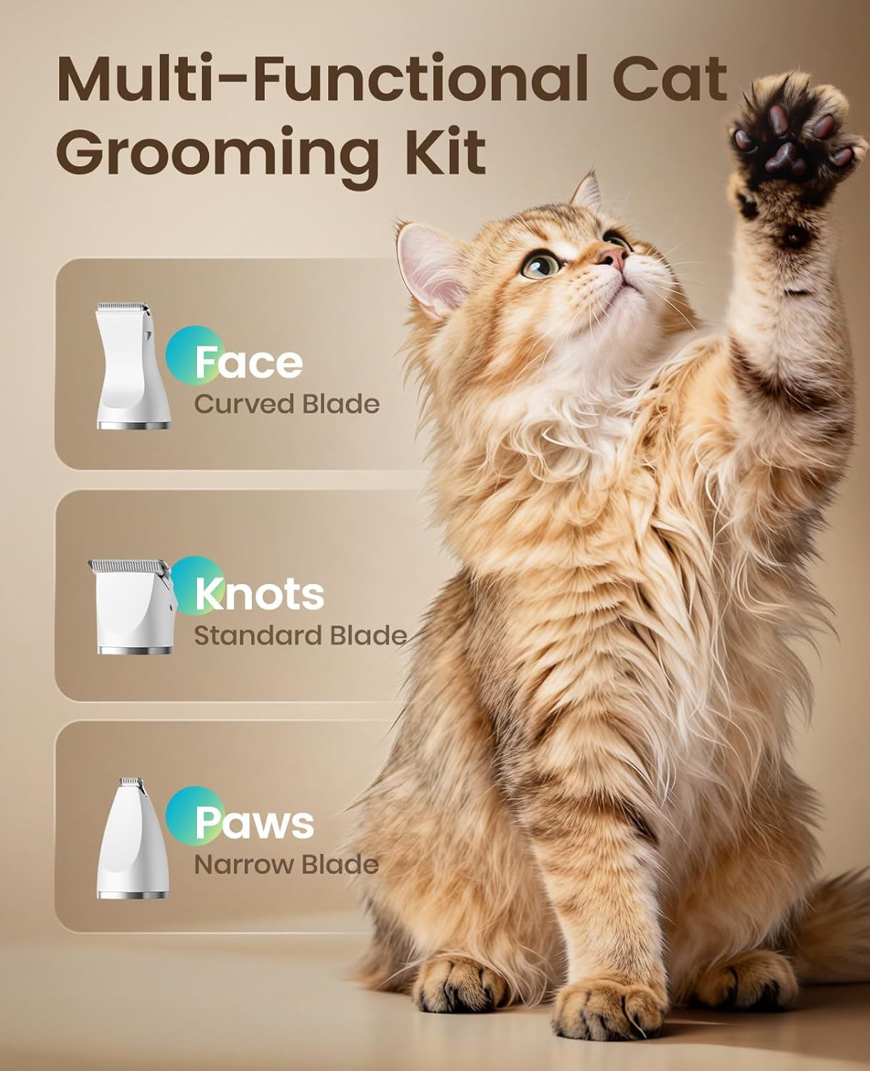 Oneisall Quiet Cat Clippers for Matted Hair, 3 in 1 Cat Grooming Kit with LCD Display, Cat Hair Trimmer for Paw Trimmer, 3 Speed, Cordless, IPX7 Waterproof Pet Clippers for Butt, Paw, Back, Ear, Face