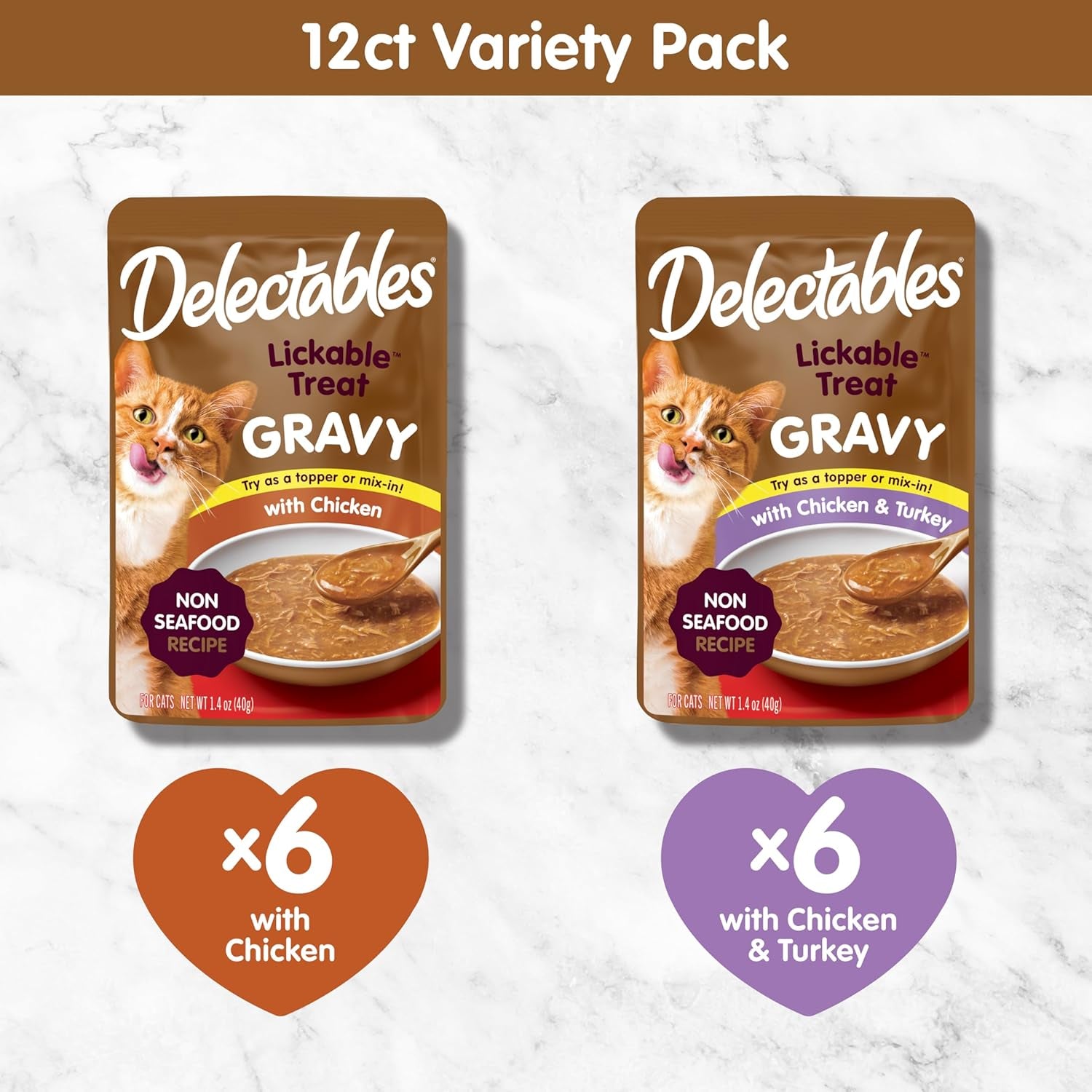 Delectables Lickable Treat Gravy Wet Cat Treat Variety Pack, Food Topper, Hydrating, Grain-Free, No Fillers, By-Products, Added Preservatives, 1.4Oz Pouch, 12Ct