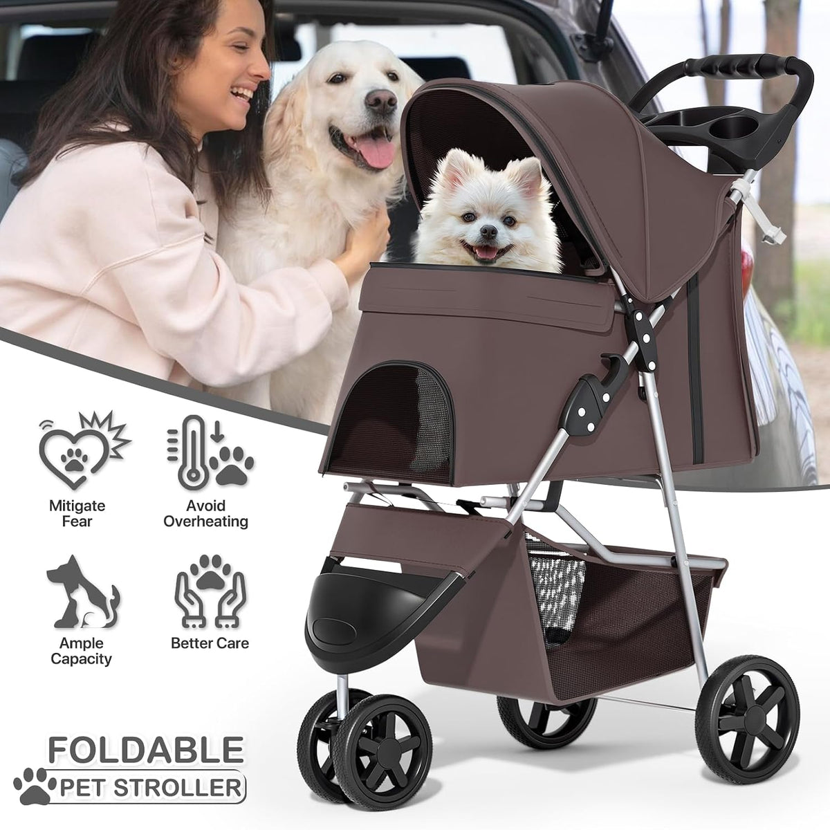 Monibloom Pet Stroller for Small/Medium Dogs and Cats up to 33 Lbs, Coffee