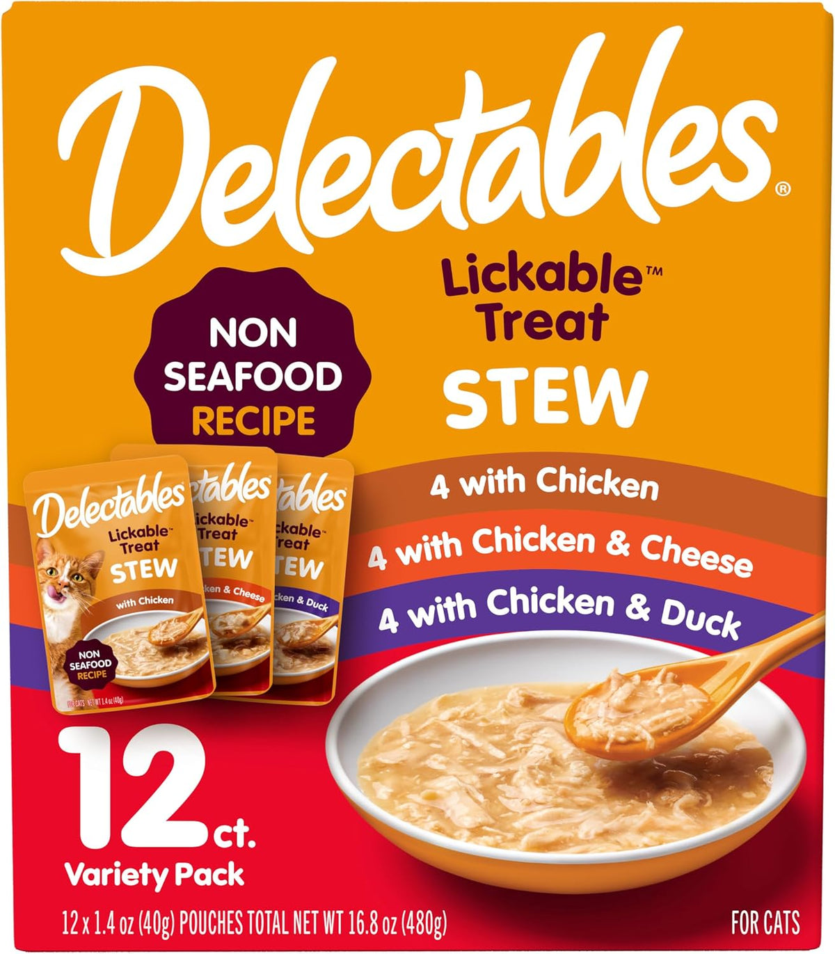 Delectables Lickable Treat Stew Non-Seafood Wet Cat Treat Variety Pack, Food Topper, Hydrating, Grain-Free, No Fillers, No By-Products, No Added Preservatives, 1.4Oz Pouch, 12Ct