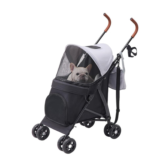 Lightweight 10 Lbs Foldable Pet Stroller for Small Dogs & Cats, Easy-Fold Compact, with Adjustable Sun Canopy, Cup Holder, Breathable Mesh, Pad & Storage Bag, Holds 33 Lbs, Black