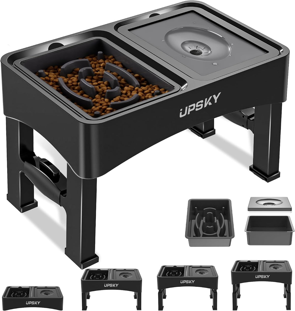 UPSKY 2-In-1 Elevated Dog Bowls Set with 4 Height Adjustable Stand, Balck