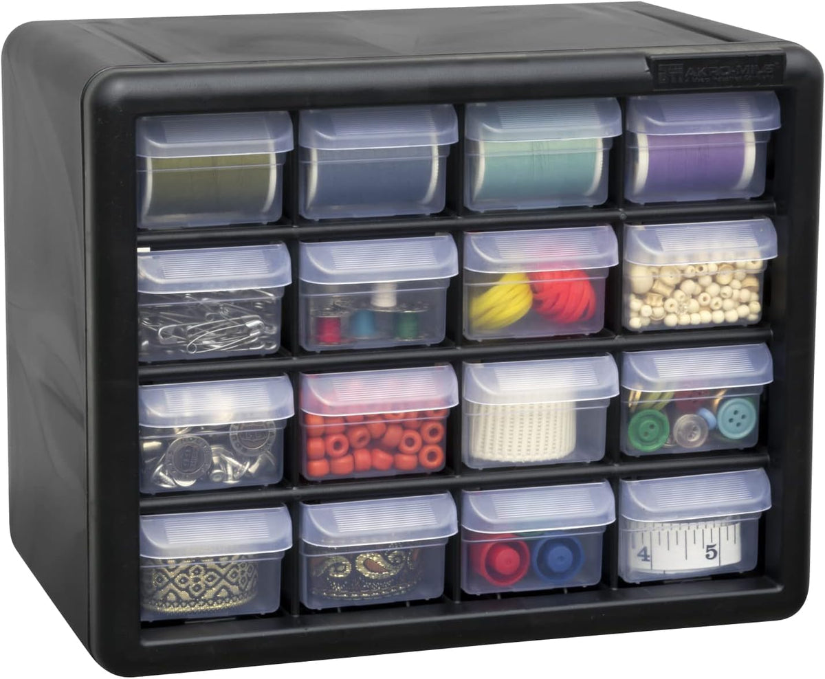 Akro-Mils 10116, 16 Drawer Plastic Parts Storage Hardware and Craft Cabinet, 10-1/2-Inch W X 6-1/2-Inch D X 8-1/2-Inch H, Black