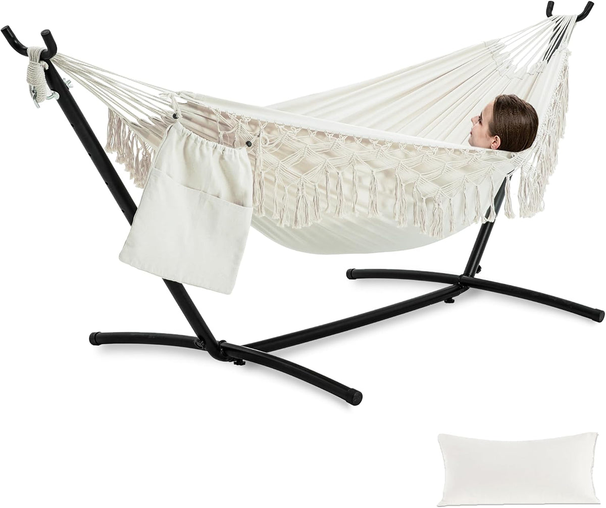 PNAEUT Handmade Tassel Hammock with Stand for Outside, 450 Lbs Capacity