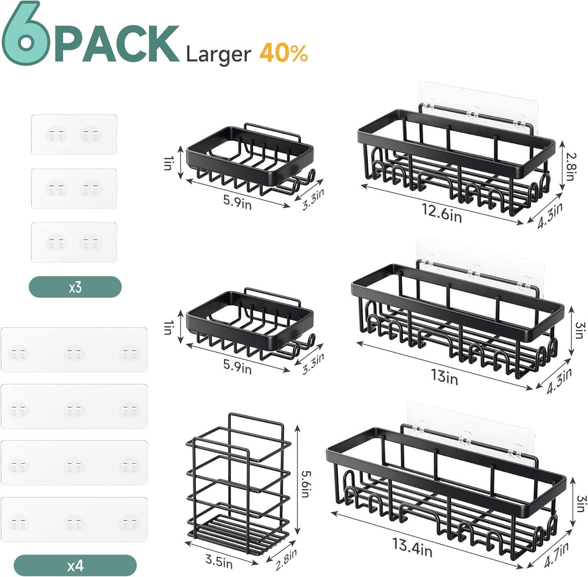Veken Shower Caddy 6-Pack, Bathroom Organizers and Storage Shelves, Black