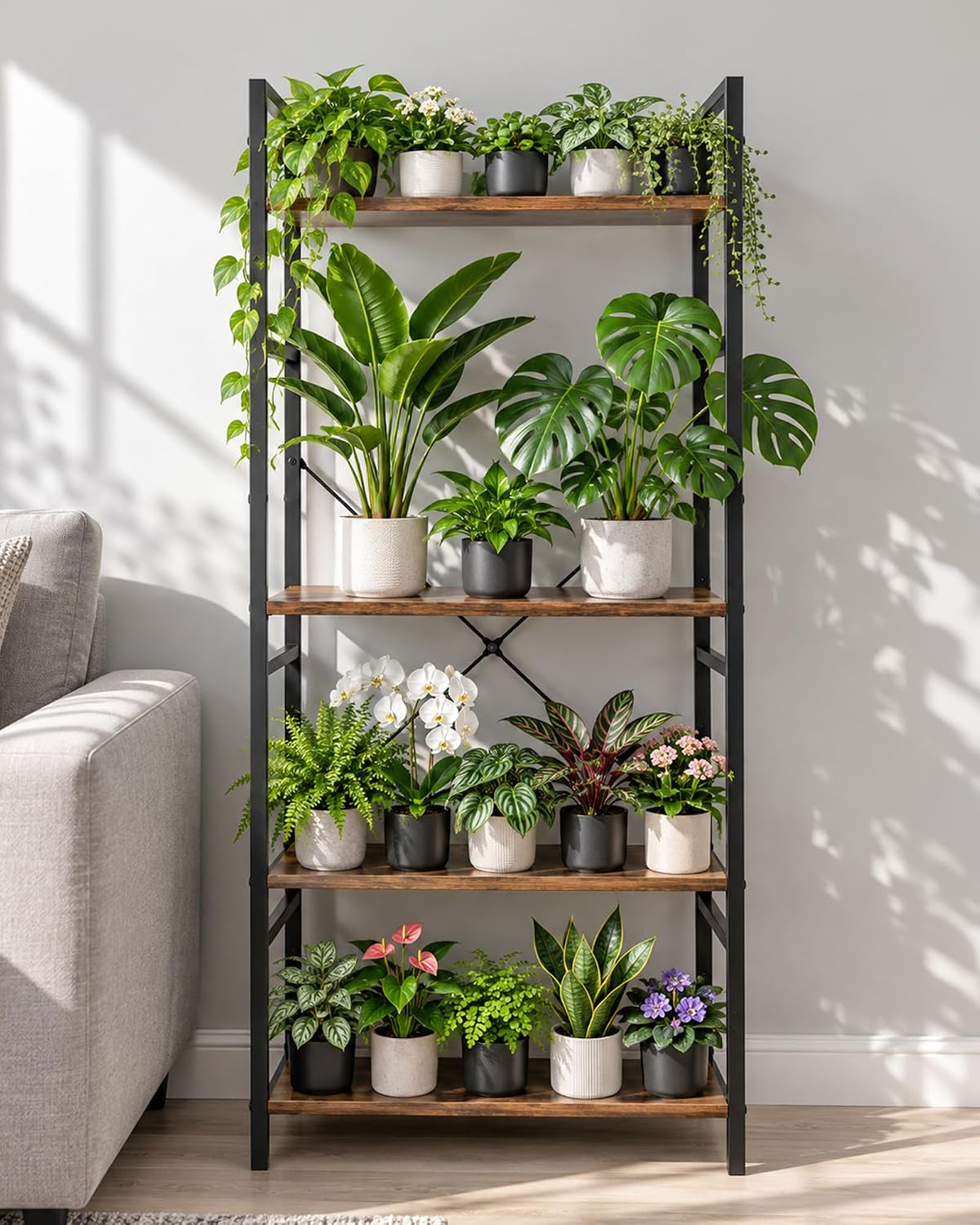 Bamworld Tall Plant Stand Indoor Tiered Wood-Metal Plant Shelf