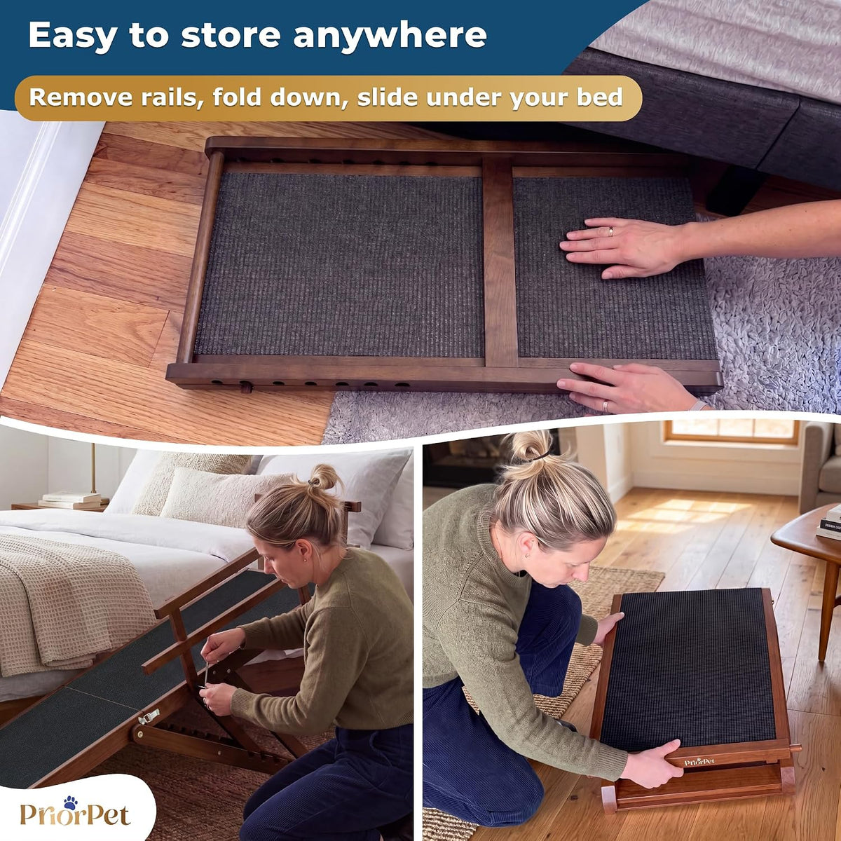 Dog Ramp for Bed - PRIORPET Birchwood Adjustable Ramp for Dogs to Get on Bed: Dog Ramps for High Beds up to 37 Inches – Foldable Ramp, Anti-Slip Grip & Safety Rails, Small Dogs up to 120Lbs – Walnut