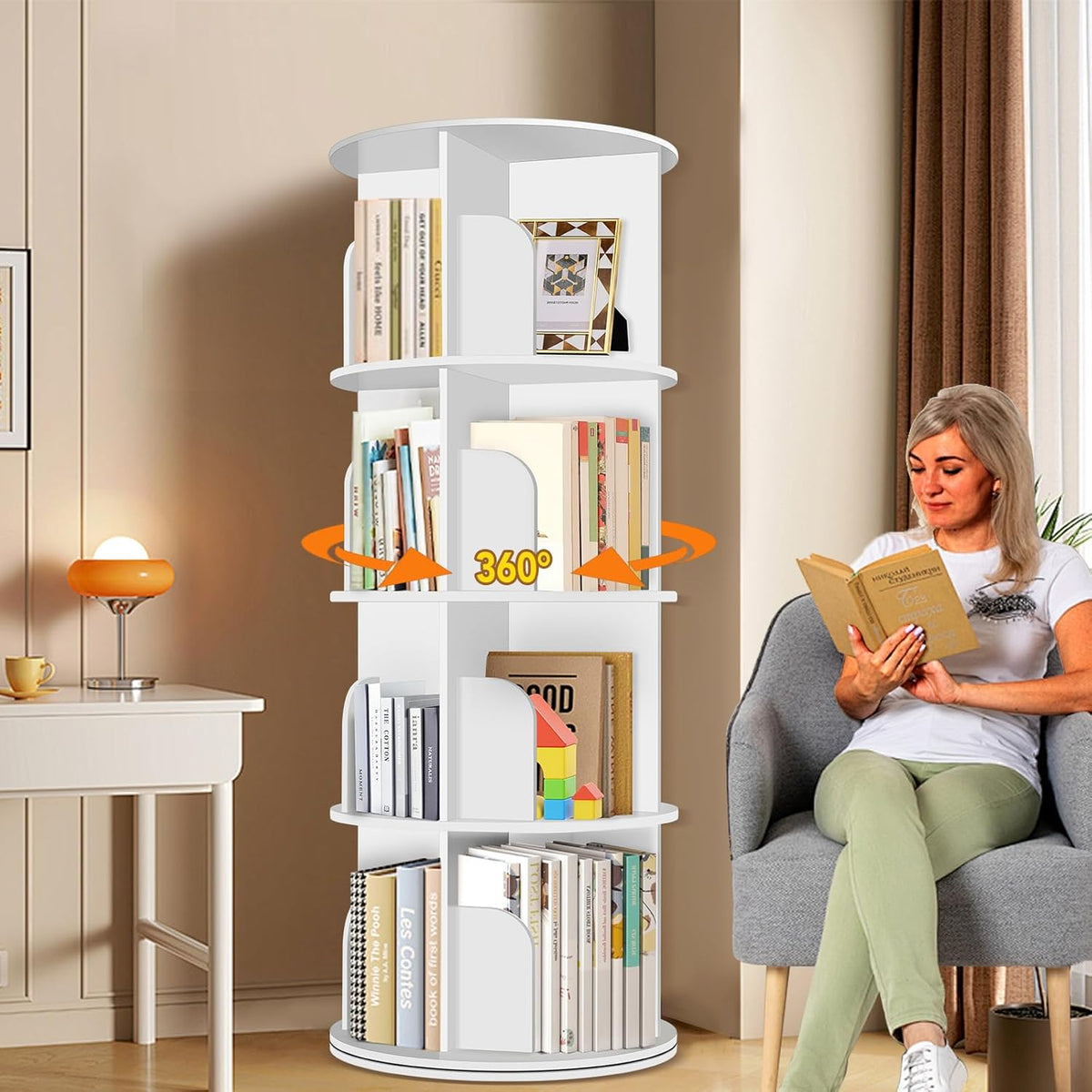 RUNSUNSPRI 4 Tier Rotating Bookshelf Tower Spinning Bookshelf