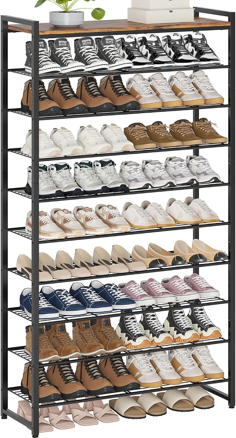10 Tier Shoe Rack Organizer for 40-50 Pairs, Tall Metal Shoe Storage Shelf with Wood Top, Adjustable Boot Space, Narrow Design for Entryway Closet,Rustic Brown and Black