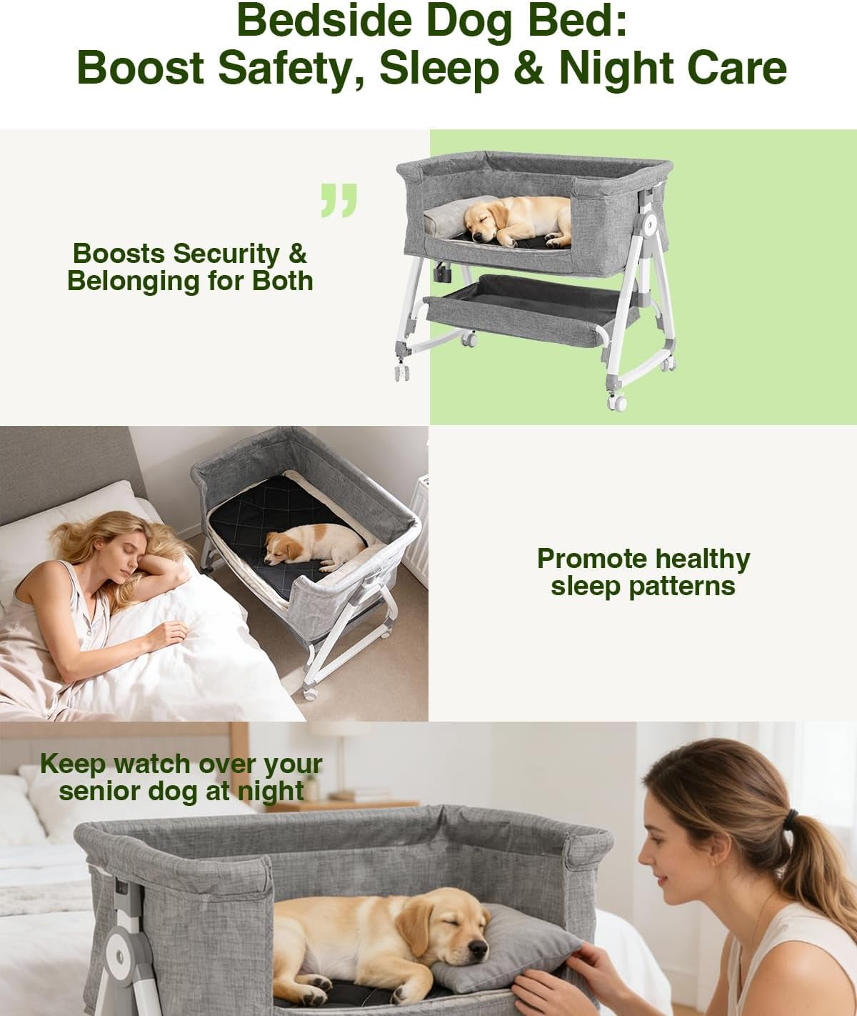 Bedside Dog Bed Co-Sleeper, 27-32 in Height Adjustable Pet Bassinet
