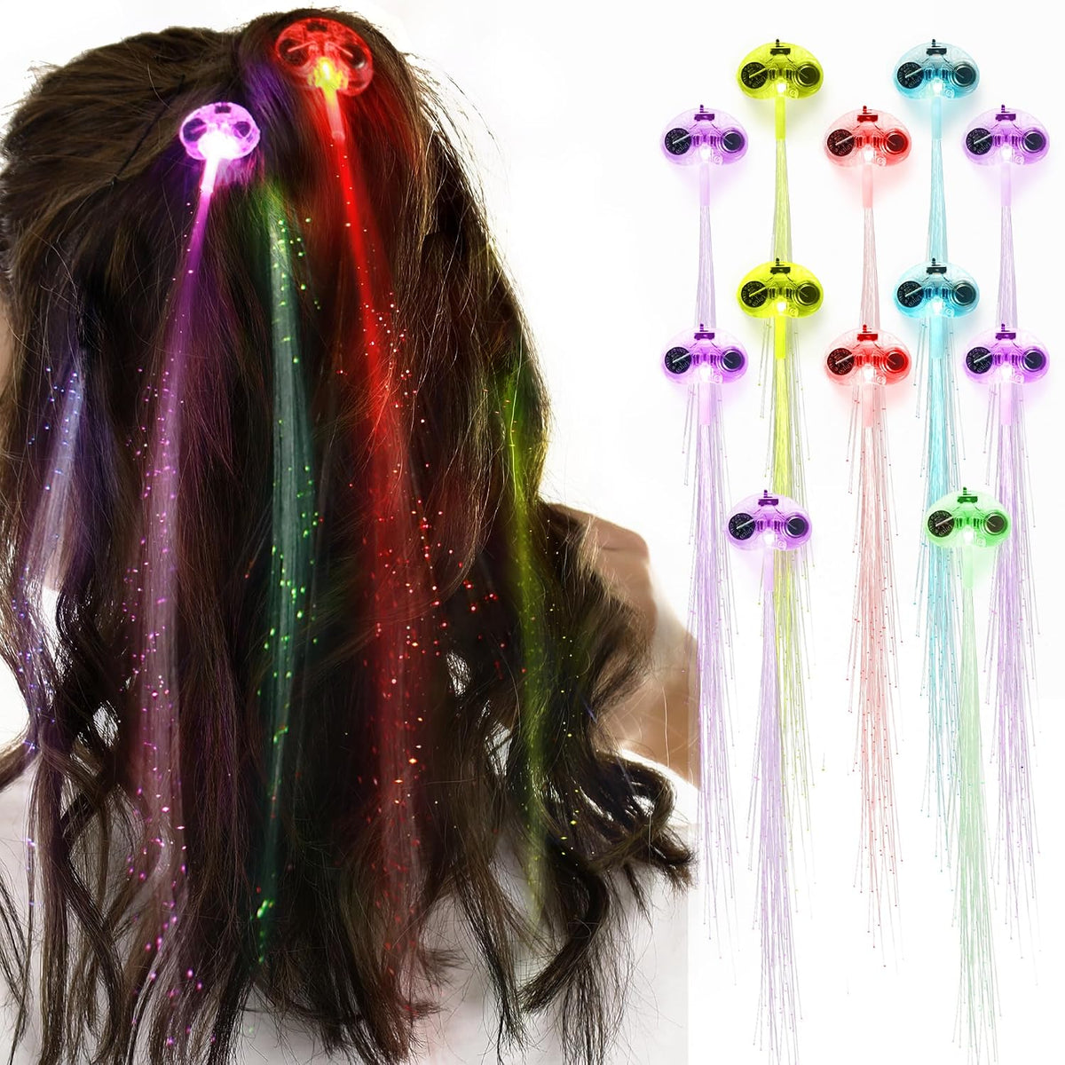 Novelty Place 12Pcs LED Hair Light up Fiber Optic, LED Hair Extension with Clip, Bar Dancing Hairpin Flashing Braid Glow in the Dark Party Accessories