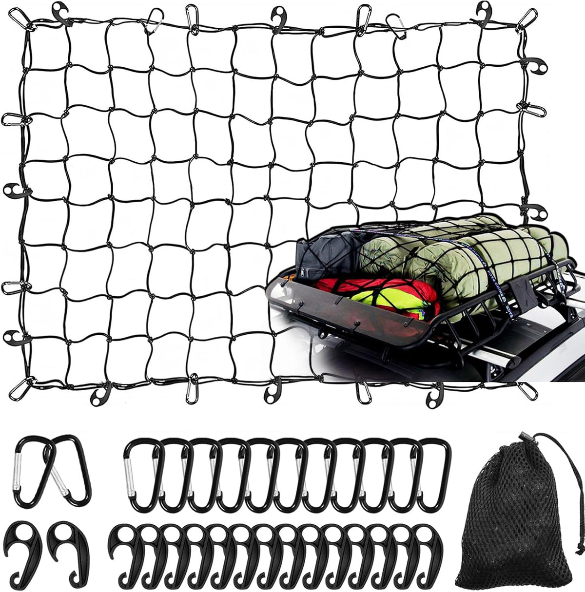 3' X 4' Cargo Net Stretches to 6' X 8', Heavy Duty Cargo Netting for Pickup Truck Bed, Roof Rack Net with Hooks Carabiners