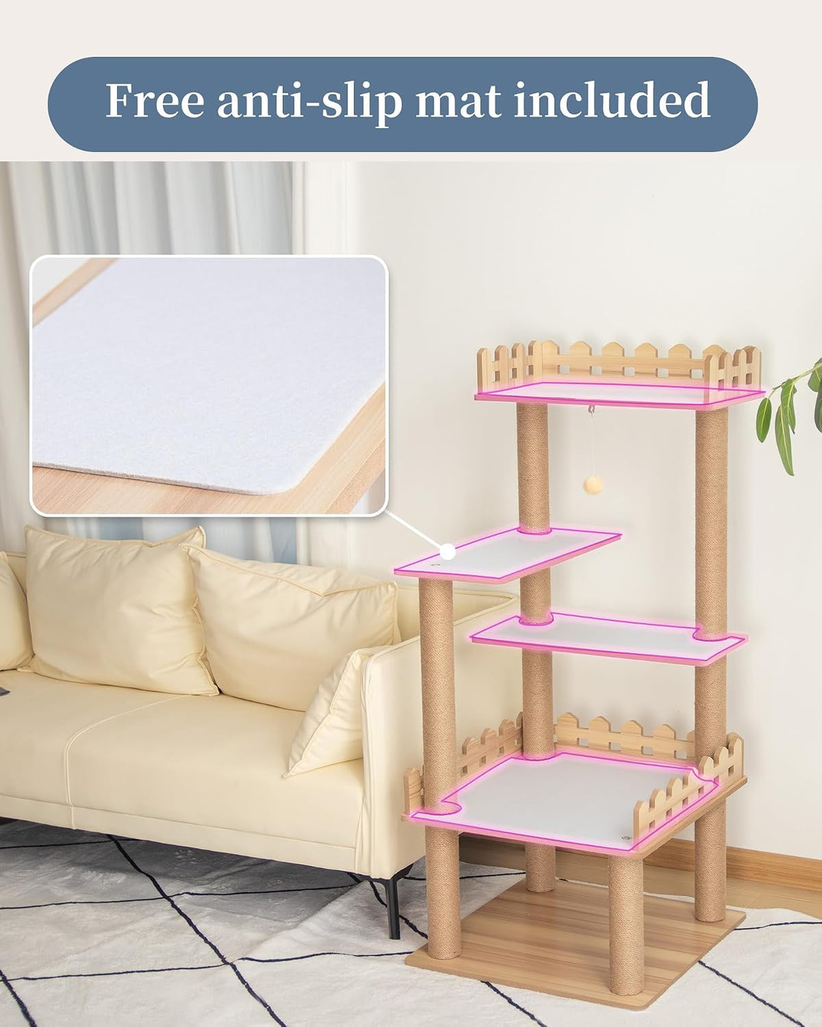 Wood Cat Tree for Indoor Cats, 49 Inch Cats Furniture Tower with Large Platforms, Full Sisal Scratching Posts, Water Proof Surface